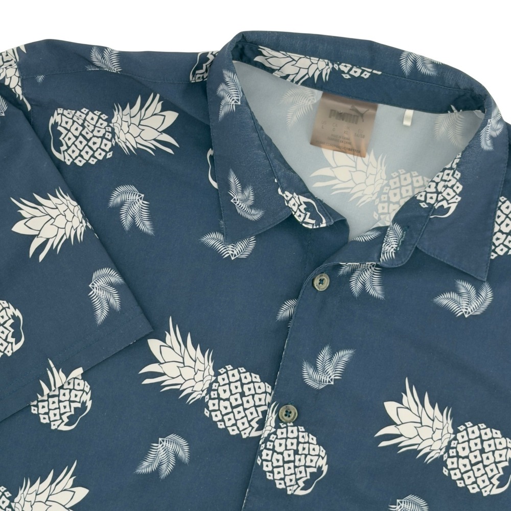 Puma‎ Men's Blue Pineapple Print Short Sleeve Button Up Shirt Size L Tropical